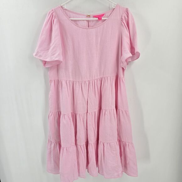 LILLY PULITZER Jocelyn Tiered  Pink  Linen Dress Pockets Size XL  Resort Coastal - Picture 1 of 5